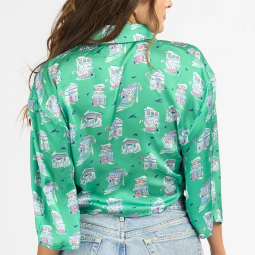 Zara Green Button Down Crop Top with Notched Collar - Picture 6 of 12